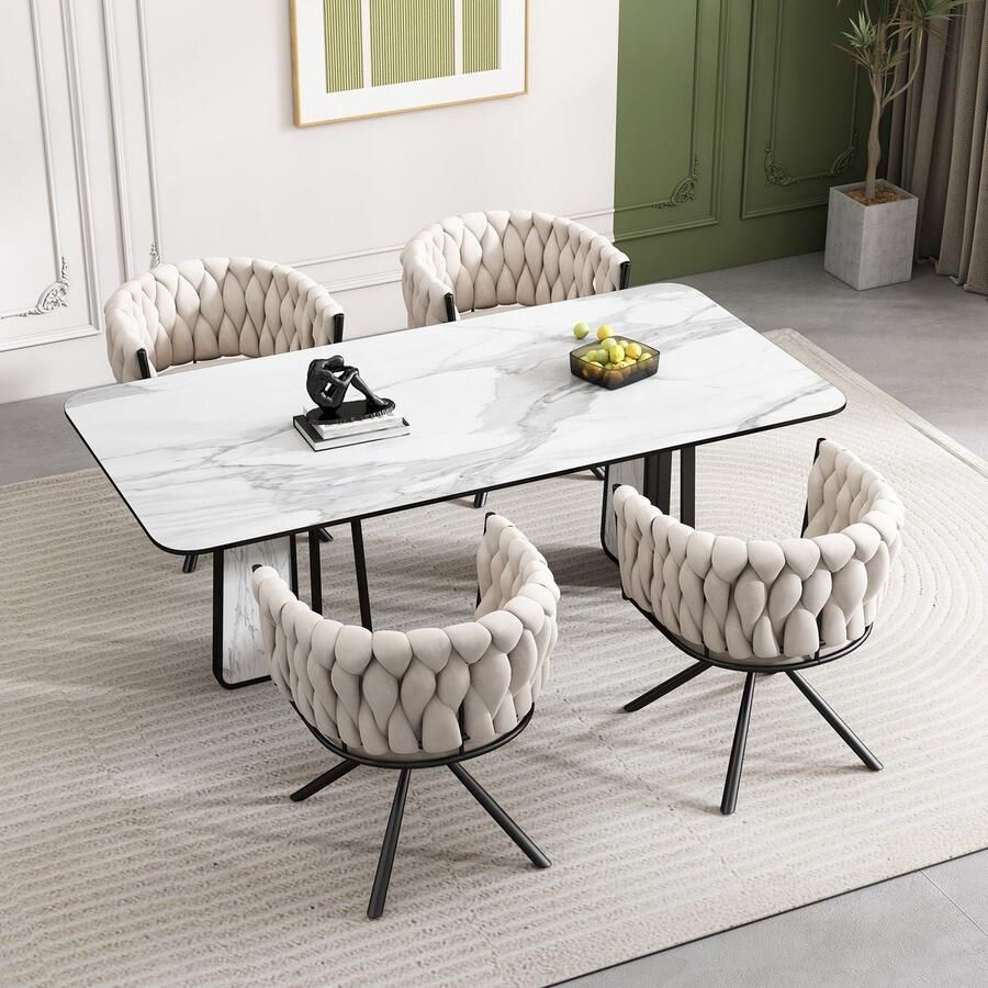 Merax Set van 4 Fluwelen Eetkamerstoelen – Luxe Draaibare Stoelen met 360° Rotatie – Ergonomisch Ontwerp – Metalen Onderstel – Beige