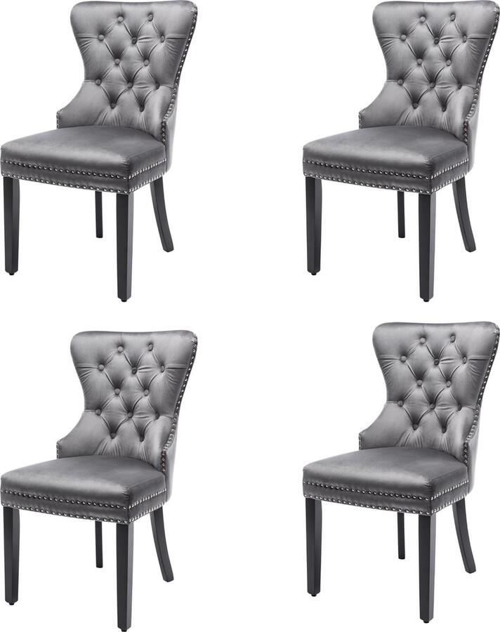 Merax Set van 4 fluwelen eetkamerstoelen met eikenhouten poten knoopdetail chromen handgreep en nagelkopafwerking – geschikt voor eetkamer slaapkamer woonkamer of lounge (grijs)