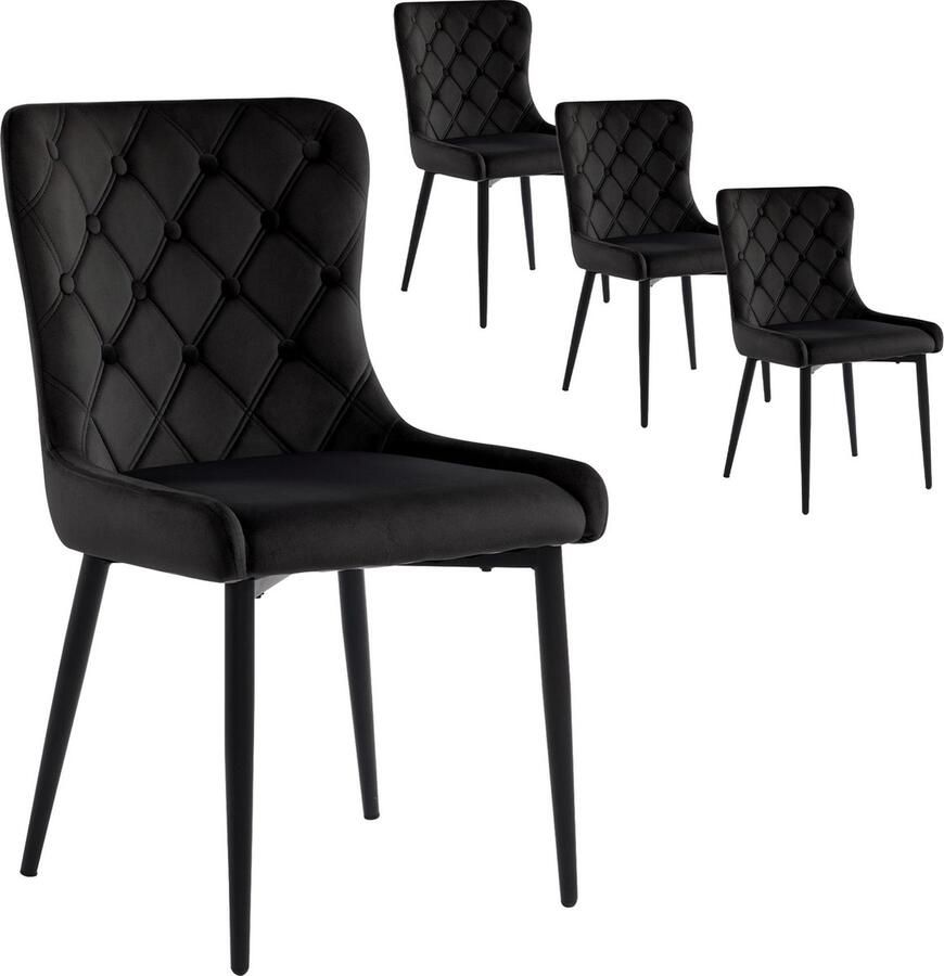 Merax Eetkamerstoelen met Rugleuning (4 Stuks) Luxe Fluwelen Eetkamerstoelen met Metalen Poten Ergonomische Stoelen met Zwarte IJzeren Poten