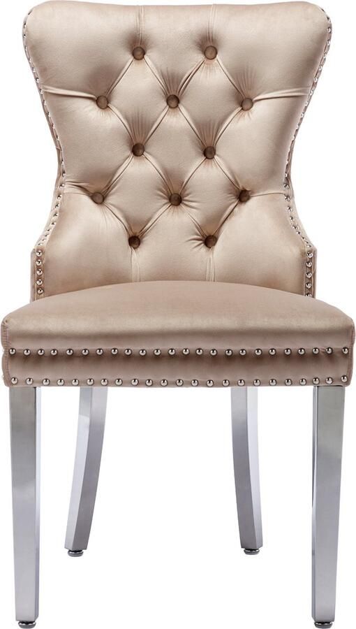 Merax Eetkamerstoelen Set van 6 – Luxe Fluwelen Stoelen met Decoratieve Nagelkopafwerking en Unieke Deurklopper – Stijlvolle Beige Keuken en Woonkamerstoelen met Metalen Poten - Foto 2