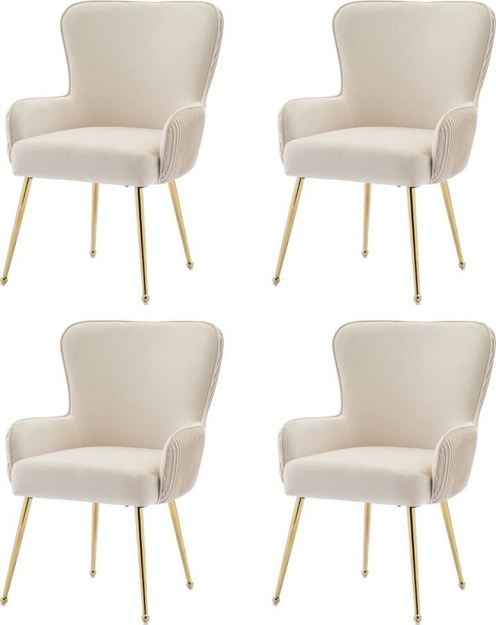 Merax Set van 4 Luxe Fluwelen Eetkamer- en Loungestoelen – Beige met Gouden Metalen Poten – Armleuningen Verstelbare Voeten en Lendensteun