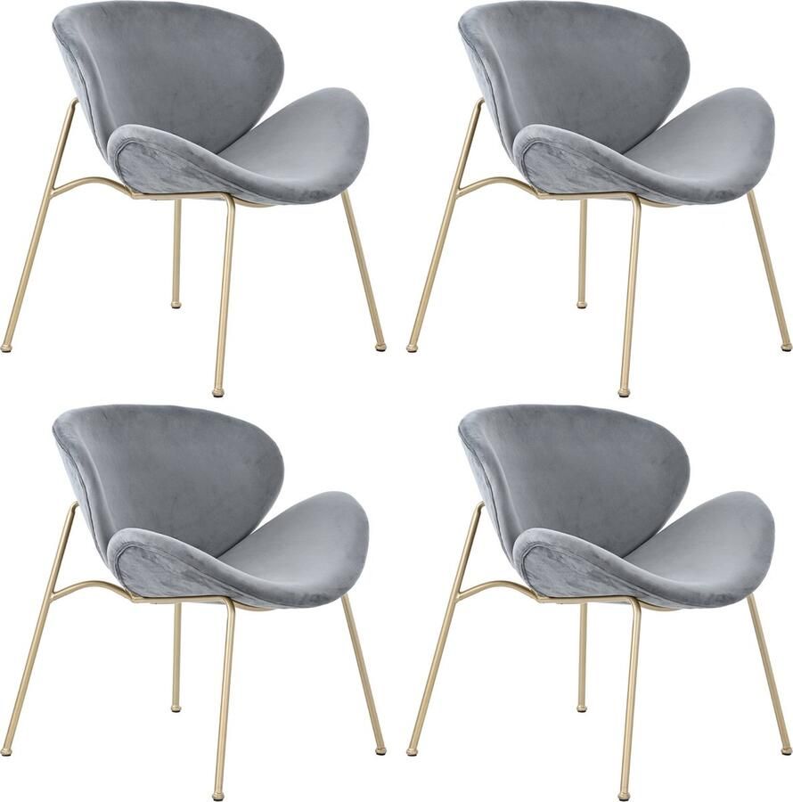 Merax Set van 4 luxe Fluwelen Eetkamerstoelen Grijs met gouden metalen poten Moderne loungestoelen