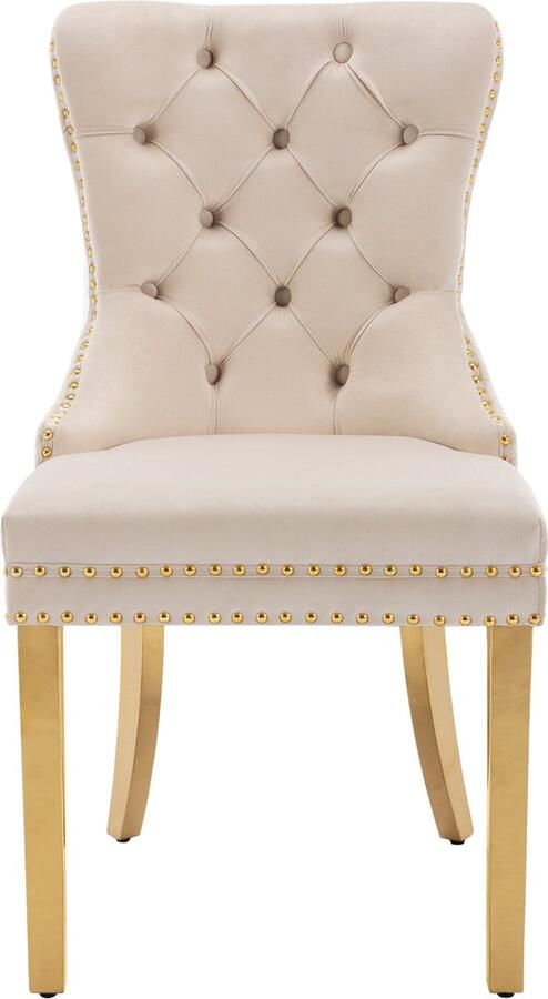 Merax Set van 4 Luxe Velvet Eetkamerstoelen met Unieke Deurklopper en Goudkleurig RVS Onderstel Beige met Gold - Foto 2