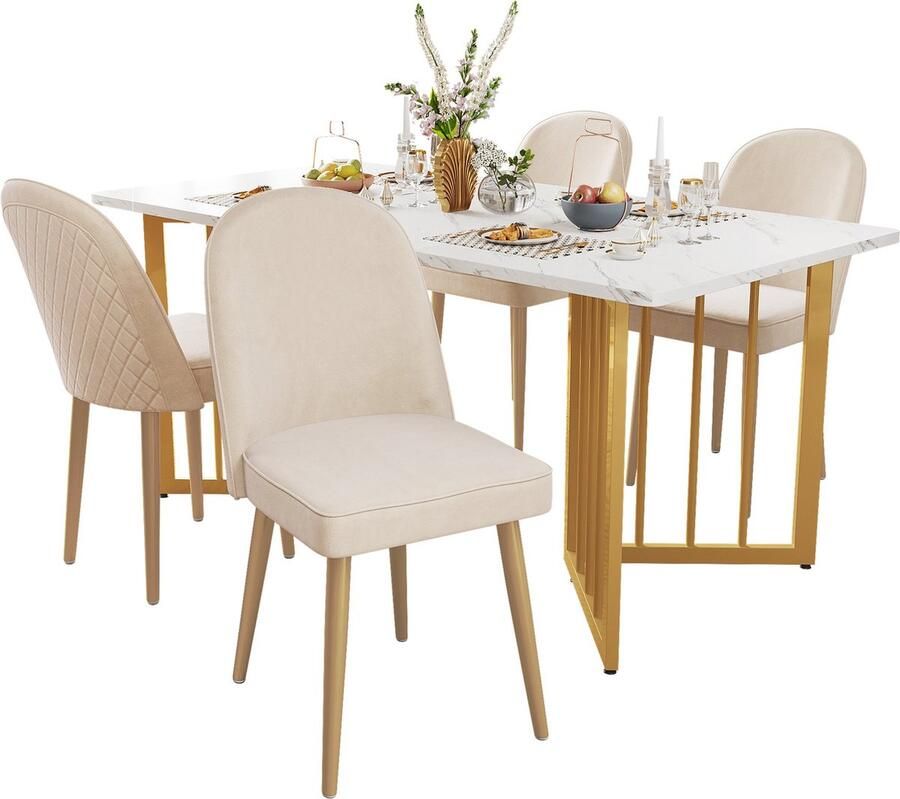 Merax Set van 4 Moderne Eetkamerstoelen – Beige Fluwelen Bekleding Gouden Metalen Poten Ergonomisch en Comfortabel