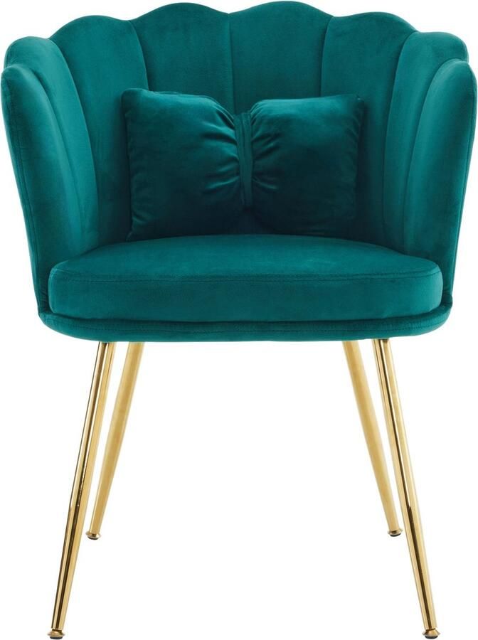 Merax Set van 6 moderne fluwelen stoelen met bloemblad rugleuning vergulde metalen poten en vlinderkussen voor slaapkamer eetkamer en woonkamer (groen) - Foto 2