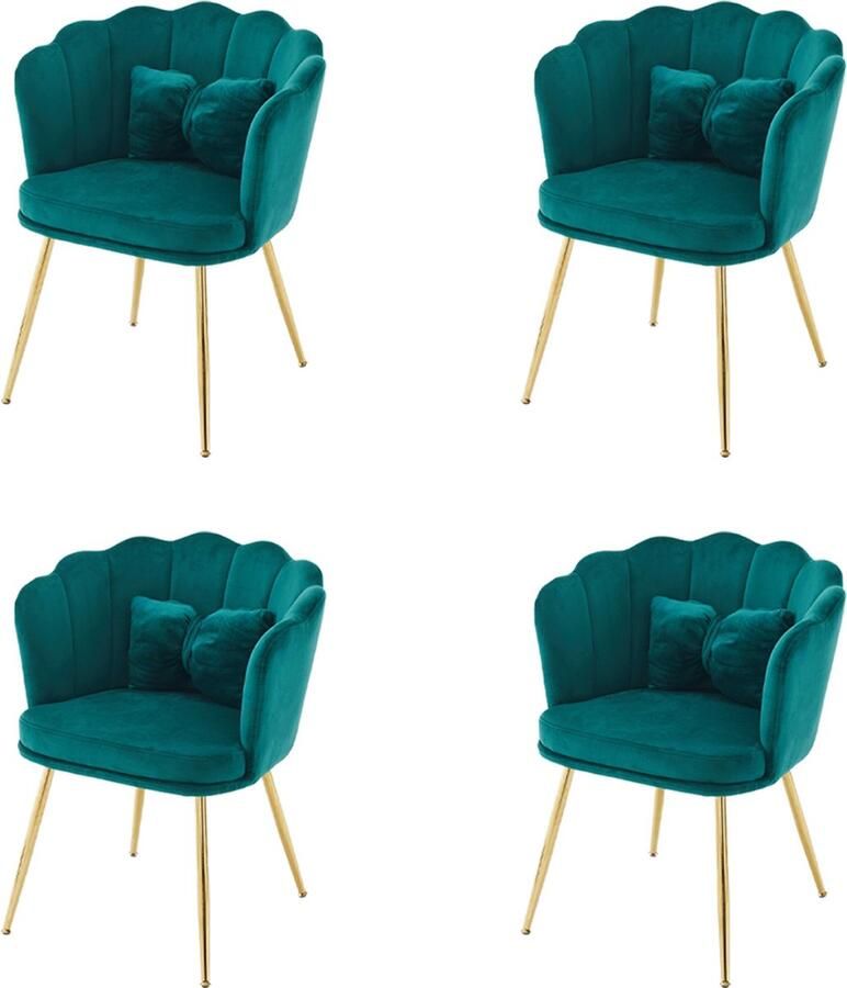 Merax Set van 4 Moderne Fluwelen Stoelen met Bladeren Design en Goudkleurige Poten – Luxe Comfortabele Stoelen voor Woonkamer Slaapkamer en Eetkamer – Groen