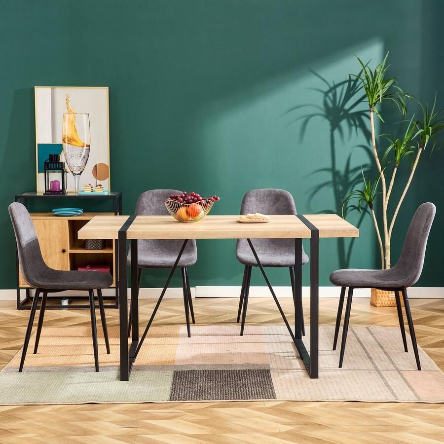 Merax Set van 4 Scandinavische Vintage Eetkamerstoelen – Grijze Kunstsuède Bekleding – Zwarte Metalen Poten – Ergonomisch & Stijlvol Design