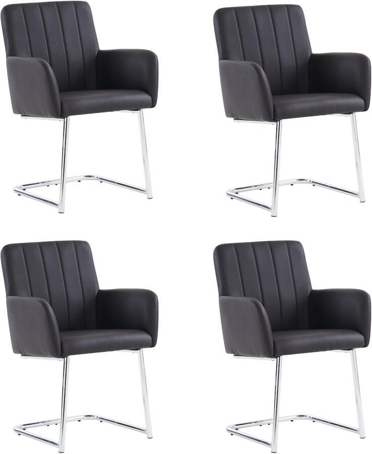 Merax Set van 4 verticaal gestreepte eetkamerstoelen gestoffeerde fauteuil met zigzag metalen poten loungestoel woonkamerstoel kunstleer zwart