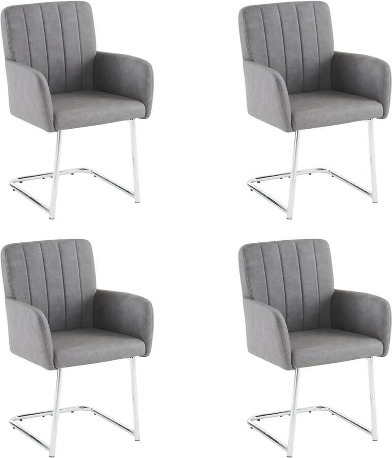 Merax Set van 4 verticaal gestreepte eetkamerstoelen gestoffeerde fauteuil met zigzag metalen poten loungestoel woonkamerstoel kunstleer grijs