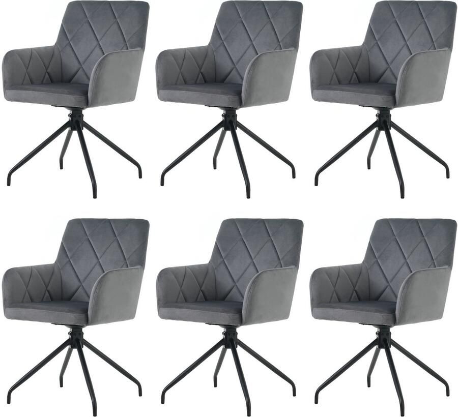 Merax Set van 6 360° draaibare eetkamerstoelen met ruitpatroon gestoffeerde fauteuil loungestoelen stoelen in de slaapkamer woonkamer studeerkamer donkergrijs