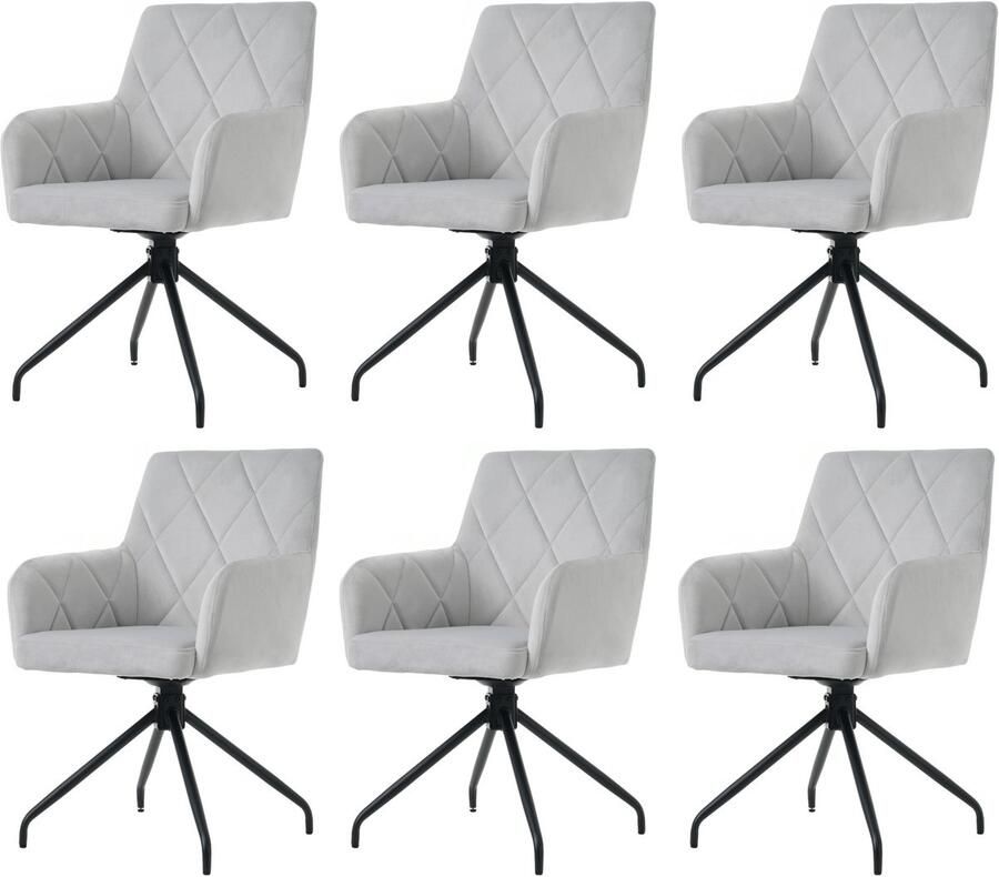 Merax Set van 6 360° draaibare eetkamerstoelen met ruitpatroon gestoffeerde fauteuil loungestoelen stoelen in de slaapkamer woonkamer studeerkamer lichtgrijs