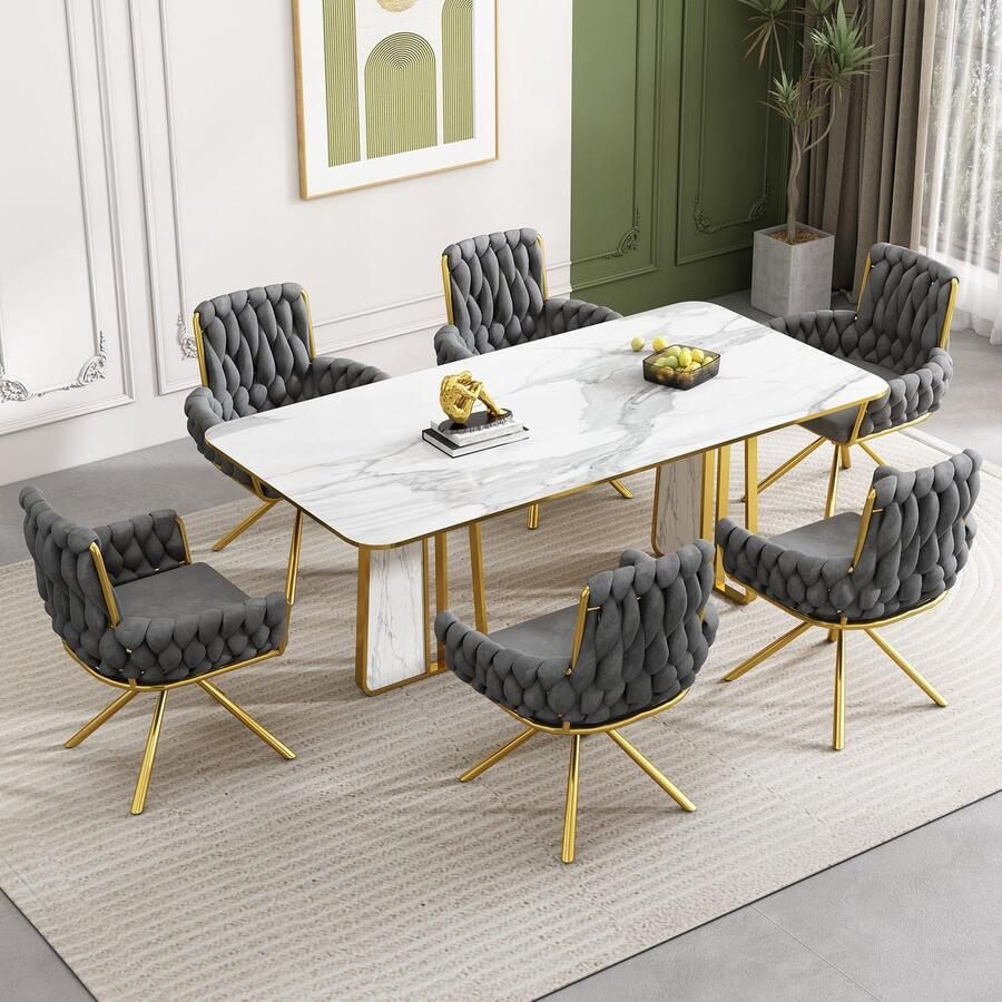 Merax Set van 6 Draaibare Eetkamerstoelen – Luxe Grijs Velvet – 360° Rotatie – Armleuningen – Metalen Poten – Modern & Comfortabel