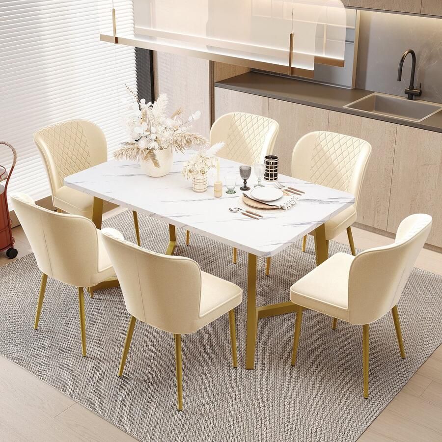 Merax Set van 6 Eetkamerstoelen – Beige Samt Stoelen met Rugleuning – Luxe Design Stoelen met Metalen Onderstel – Comfortabel en Stijlvol voor Eetkamer Woonkamer en Home Office