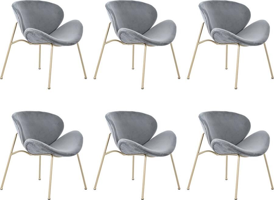 Merax Fluwelen Eetkamerstoelen (6 Stuks) Luxe Lounge Stoel met Vier Gouden Metalen Poten Grijs Perfect voor Woonkamer en Slaapkamer