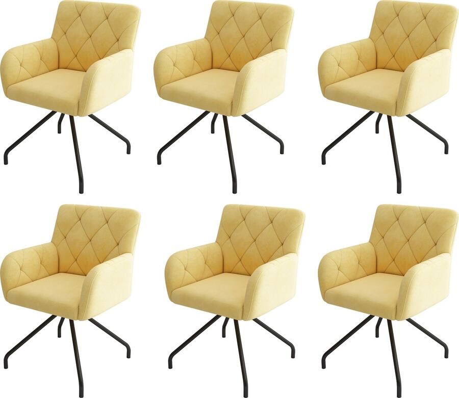 Merax Set van 6 Eetkamerstoelen – Gestoffeerde Stoelen met Ruitpatroon – Samt Stoelen met Metalen Poten – Moderne Lounge Stoelen voor Woonkamer Slaapkamer en Werkplek – Lichtgeel