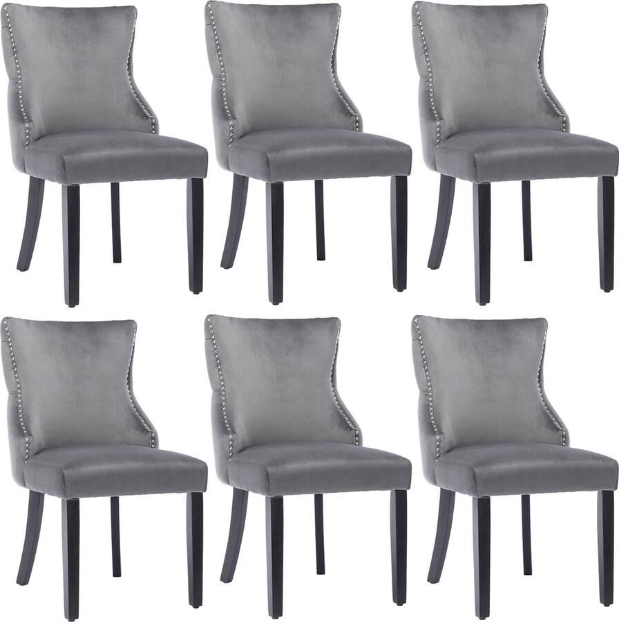 Merax Set van 6 Eetkamerstoelen Grijze Velvet Stoelen met Knopen 4 Poots Massiefhouten Frame – Luxe Comfort voor Eetkamer en Woonkamer