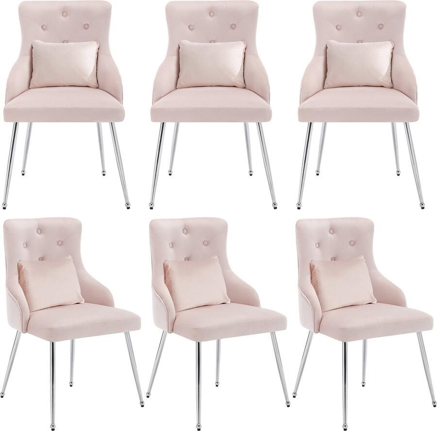 Merax Set van 6 Eetkamerstoelen Keukenstoelen met knopmotief lendenkussen en moderne stijl Comfortabele loungestoelen Roze met Zilver