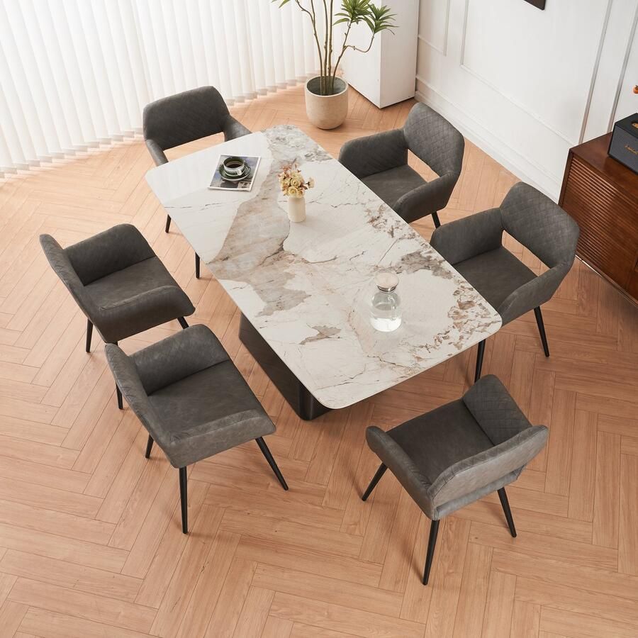 Merax Set van 6 Kunstleren Eetkamerstoelen Comfortabele Eetstoelen voor Woonkamer en Slaapkamer Cementgrijs