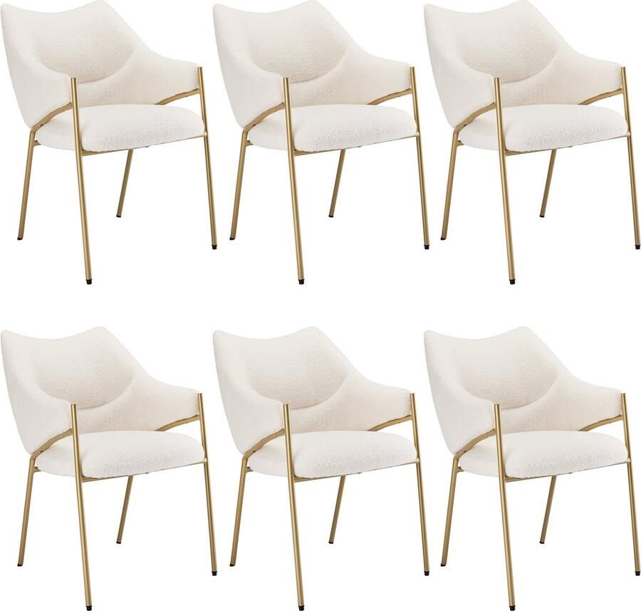 Merax Set van 6 Eetkamerstoelen – Loungestoelen met Armleuningen – Stoelen met Zachte Lamspluche Bekleding en Verdikt Kussen – Verstelbare Poten – Beige met Goud
