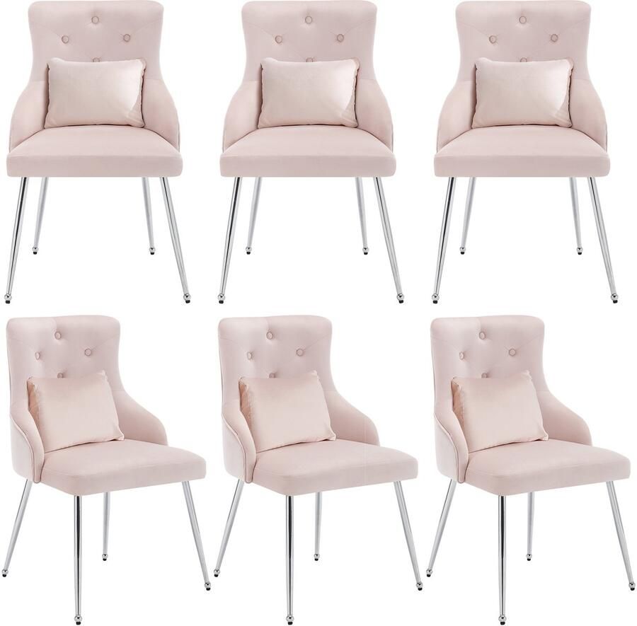 Merax Set van 6 eetkamerstoelen met knopenpatroon gestoffeerde fauteuils moderne loungestoelen stoelen in de slaapkamer woonkamer met lendenkussens roze