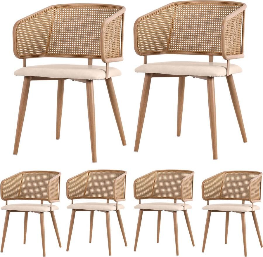 Merax Set van 6 Eetkamerstoelen met Rattan Rugleuning en PU Leren Zitkussen – Comfortabel Ademend en Duurzaam – Geschikt voor Eetkamers Woonkamers en Cafés