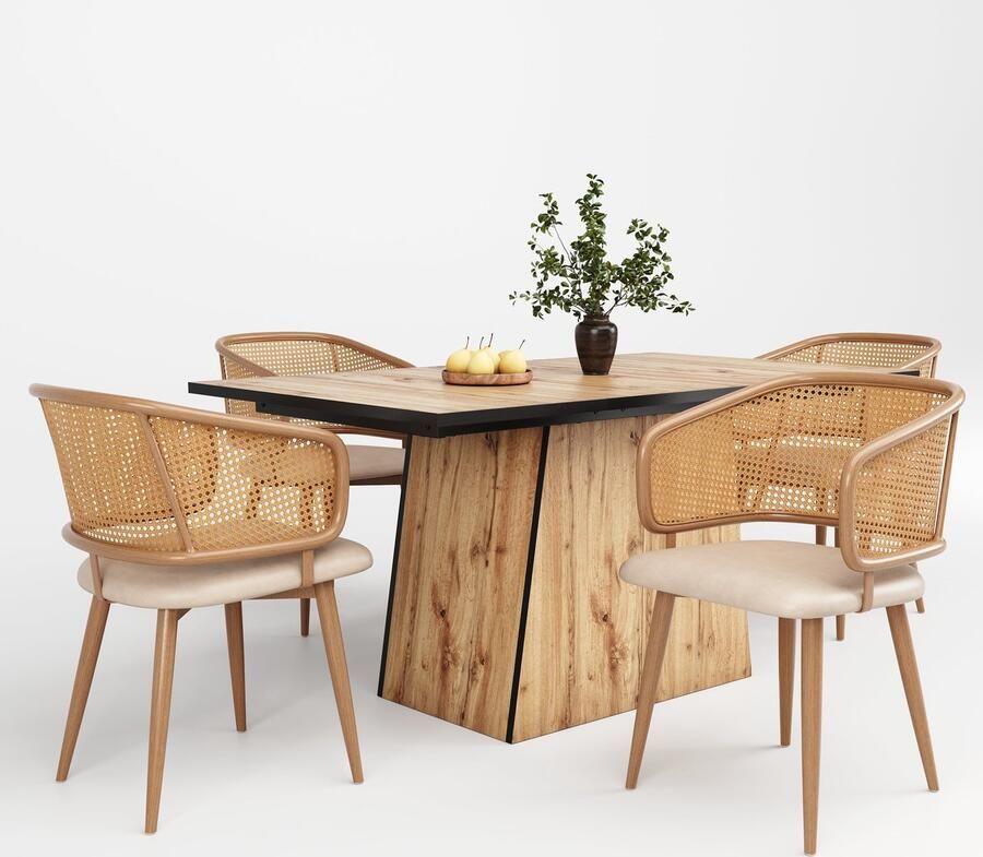 Merax Set van 6 Eetkamerstoelen met Rattan Rugleuning en PU Leren Zitkussen – Comfortabel Ademend en Duurzaam – Geschikt voor Eetkamers Woonkamers en Cafés - Foto 2