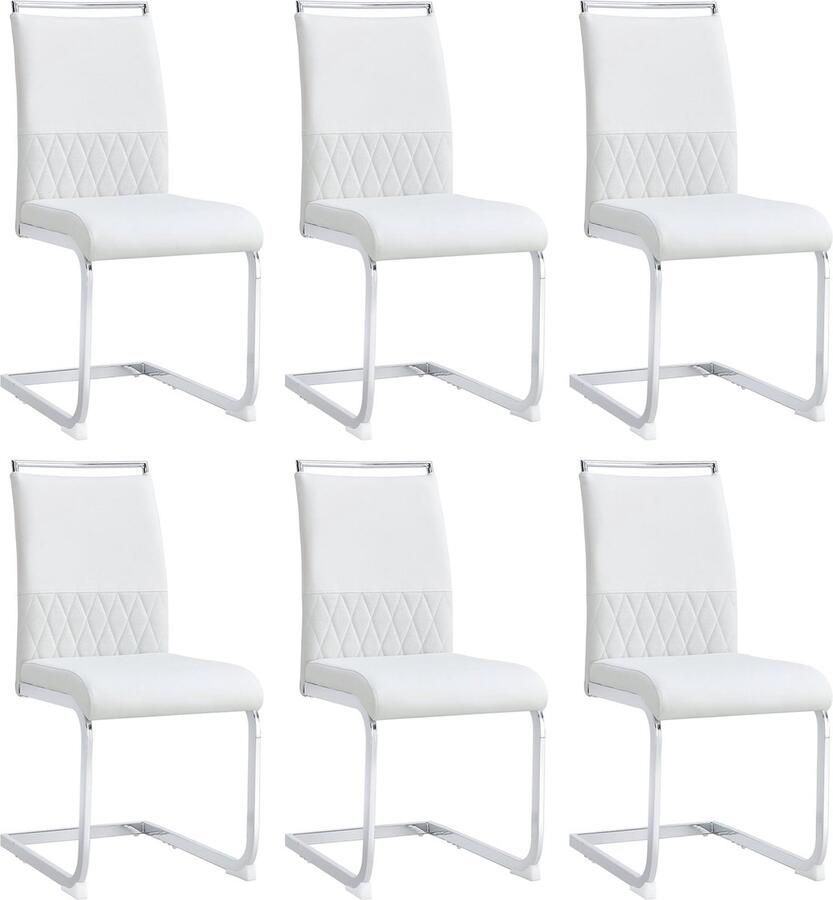 Merax Moderne Esszimmerstoelen (Set van 6) Hoge Rugleuning van PU Kunstleer en Leinen Ergonomische Side Chairs met Querstreifen Design Wit