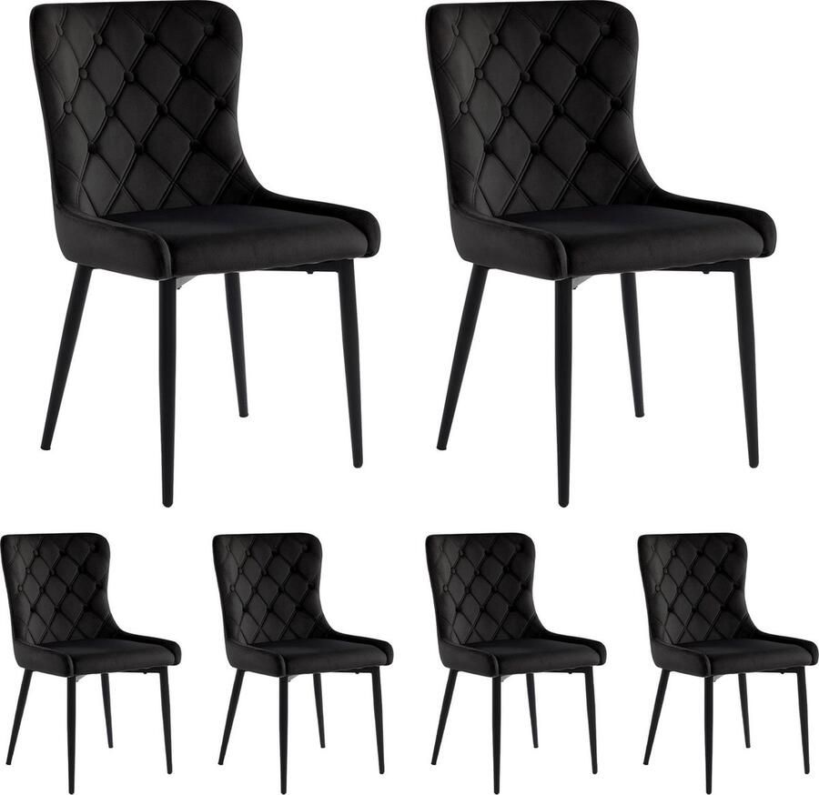 Merax Set van 6 Eetkamerstoelen – Zwarte Fluwelen Keukenstoelen met Ruitpatroon – Ergonomisch Design & Stalen Poten – Comfortabele Stoelen