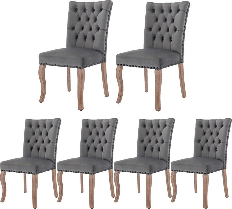 Merax Set van 6 Fluwelen Eetkamerstoelen Luxe Grijze Stoelen met Massief Houten Poten en Elegante Deurklopper