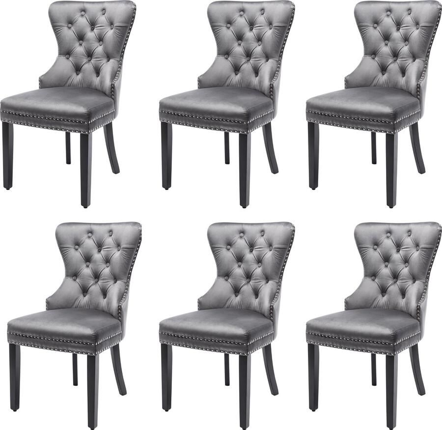 Merax Set van 6 Luxe Eetkamerstoelen – Grijs Fluweel met Chromen Ring en Nagelkopafwerking – Massief Houten Poten – Stijlvolle Velvet Keukenstoelen