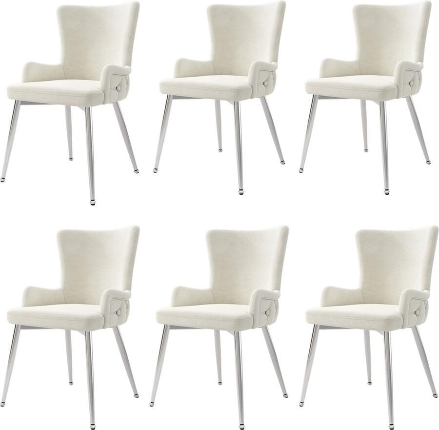 Merax luxe fluwelen eetkamerstoelen set van 6 beige loungestoelen met zilverkleurige metalen poten geschikt voor eetkamer woonkamer en slaapkamer
