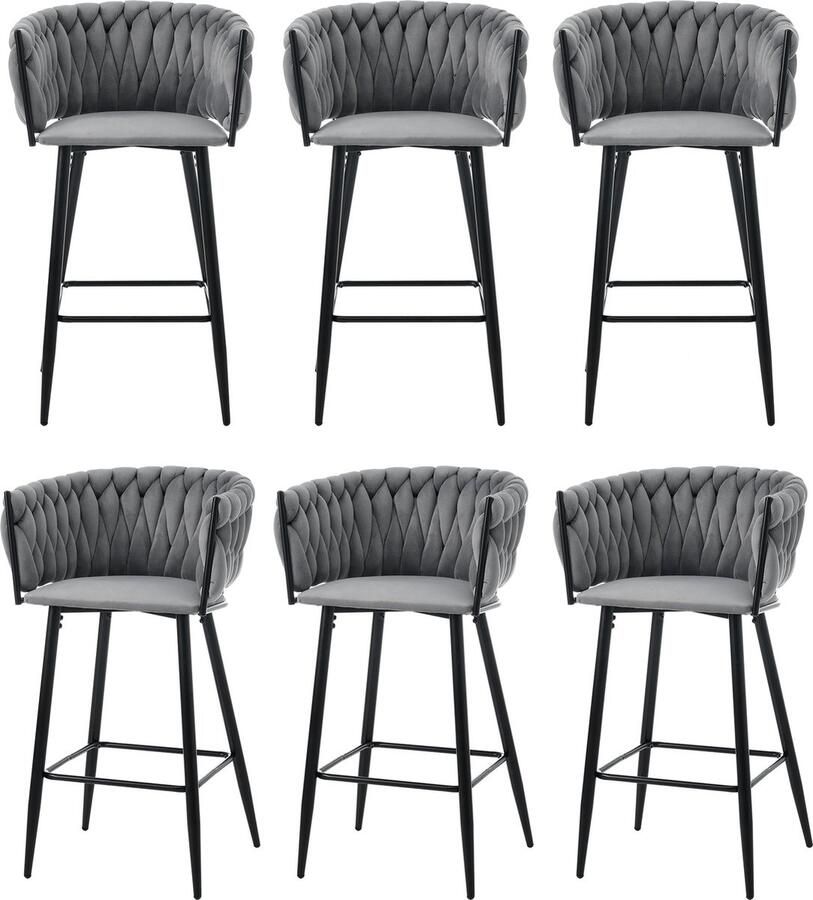 Merax Set van 6 Luxe Barkrukken – Grijs Fluweel – Gestoffeerde Krukken met Metalen Onderstel – Modern Design – Voor Bar of Eetkamer