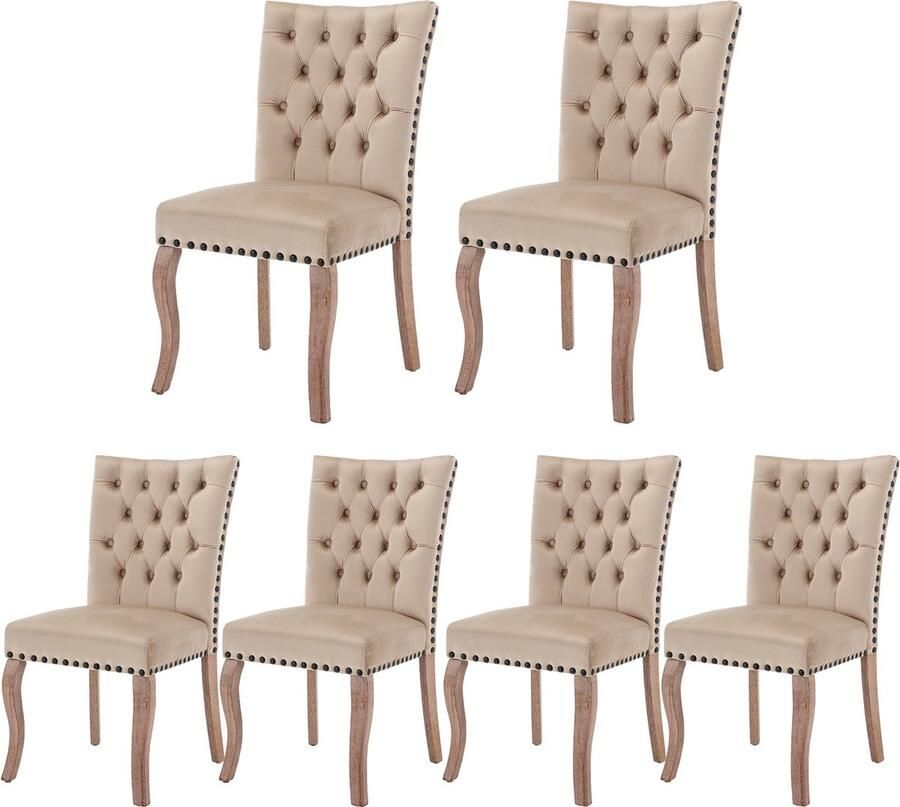 Merax Set van 6 Luxe Eetkamerstoelen – Beige Fluwelen Bekleding – Stoelen met Deurklopper en Koperen Nagelkopdetails – Massief Houten Poten – Ergonomisch Ontwerp - Foto 2