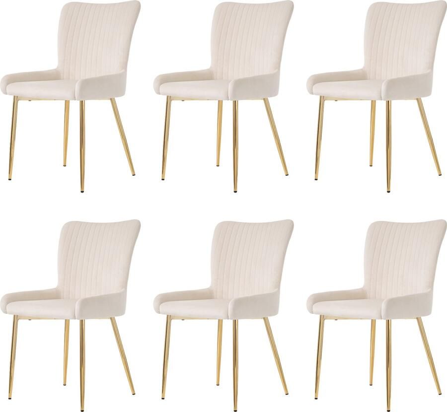 Merax Set van 6 Luxe Eetkamerstoelen – Beige Velvet – Met Lendensteun en Gouden Metalen Poten – Comfortabele Lounge Stoelen voor Woonkamer Slaapkamer of Eetkamer