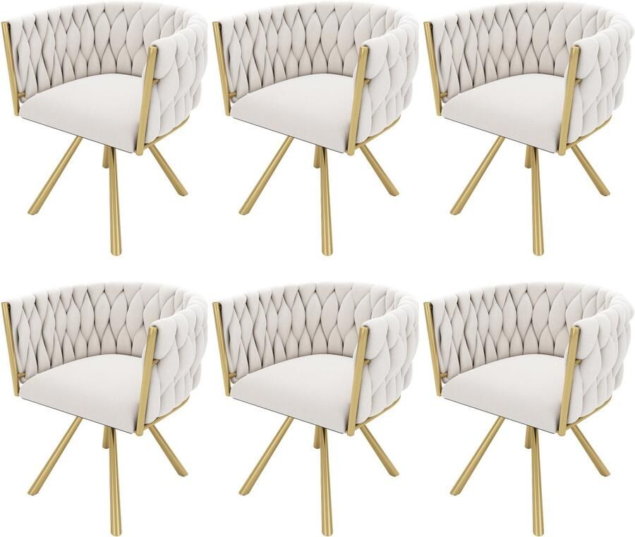 Merax Set van 6 Luxe Fluwelen Draaibare Eetkamerstoelen – Beige en Goud – Met 360° Draai Ergonomisch Ontwerp en Stalen Poten