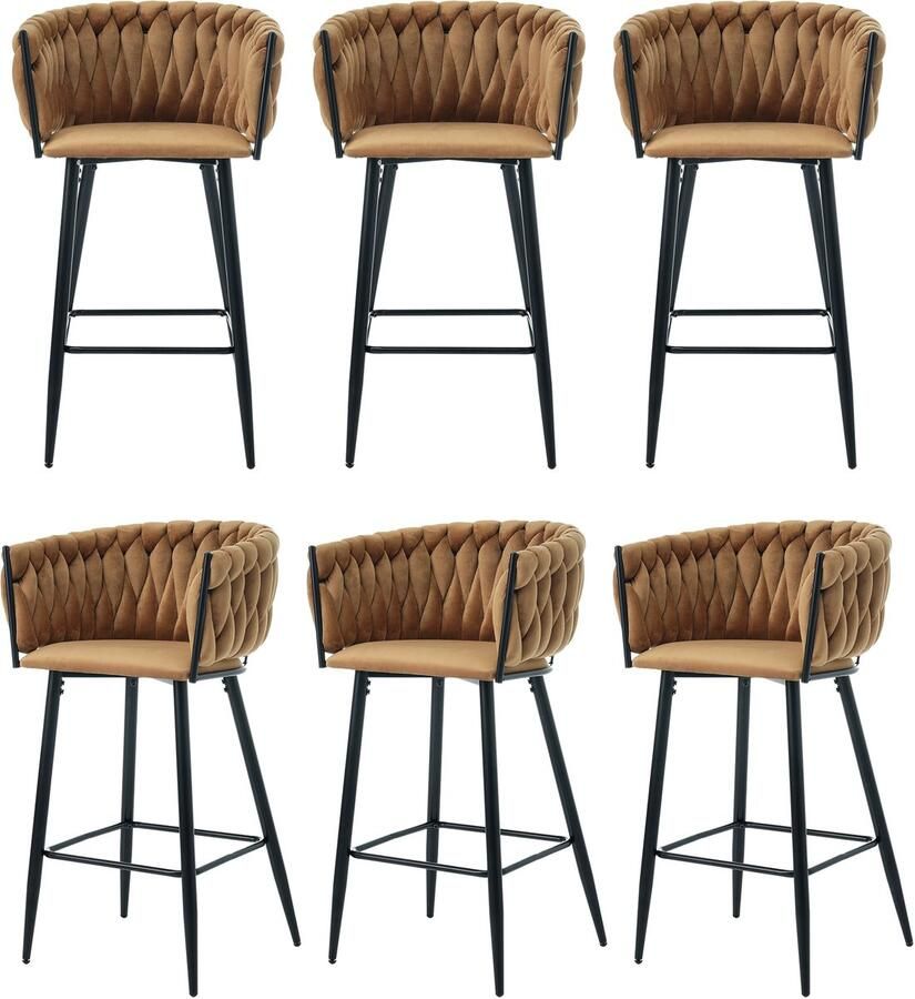 Merax Luxe Fluwelen Barkrukken Set van 6 – Bruin – Comfortabel Krukken Stijlvol en Duurzaam met Metalen Poten