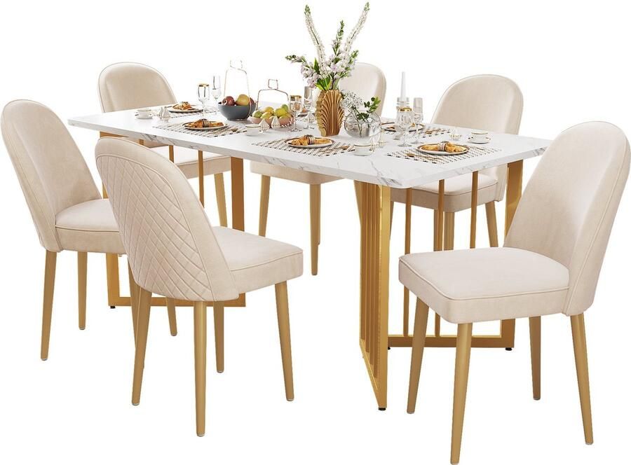 Merax Set van 6 moderne eetkamerstoelen beige fluwelen bekleding met gouden metalen poten ergonomisch design stijlvol en comfortabel voor eetkamer woonkamer en werkkamer