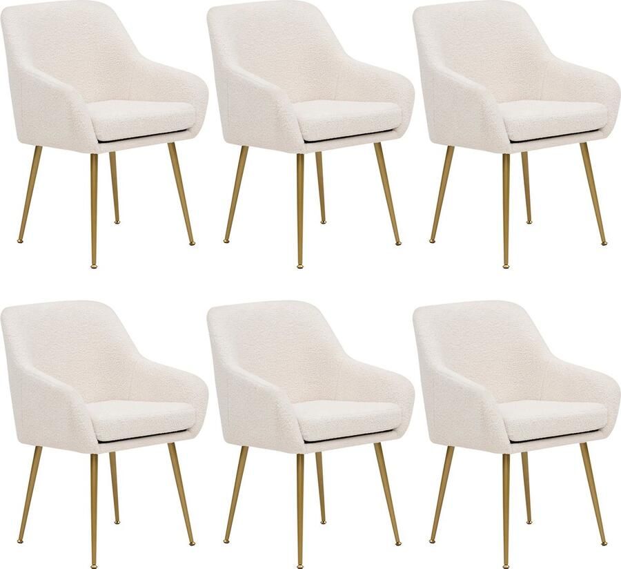Merax Set van 6 Moderne Eetkamerstoelen Teddy Fleece Bekleding Verstelbare Voeten en Afneembaar Kussen Beige Voor Keuken en Eetkamer