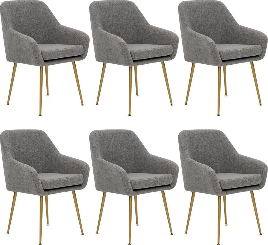 Merax Set van 6 Moderne Eetkamerstoelen Teddy Fleece Bekleding Verstelbare Voeten en Afneembaar Kussen Grijs Voor Keuken en Eetkamer