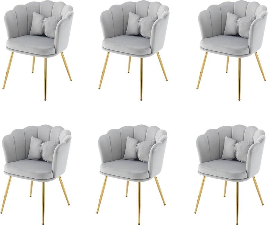 Merax Set van 6 Moderne Fluwelen Stoelen Gestoffeerde Eetkamerstoelen met Bloemblaadjes-Rugleuning Vergulde Metalen Poten en Vlinderkussens Voor Woonkamer Slaapkamer en Eetkamer