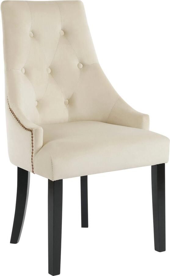 Merax Set van 6 Retro Eetkamerstoelen – Hoge Rugleuning met Knopen en Nieten – Luxe Fluwelen Stoel met Massief Houten Poten Beige