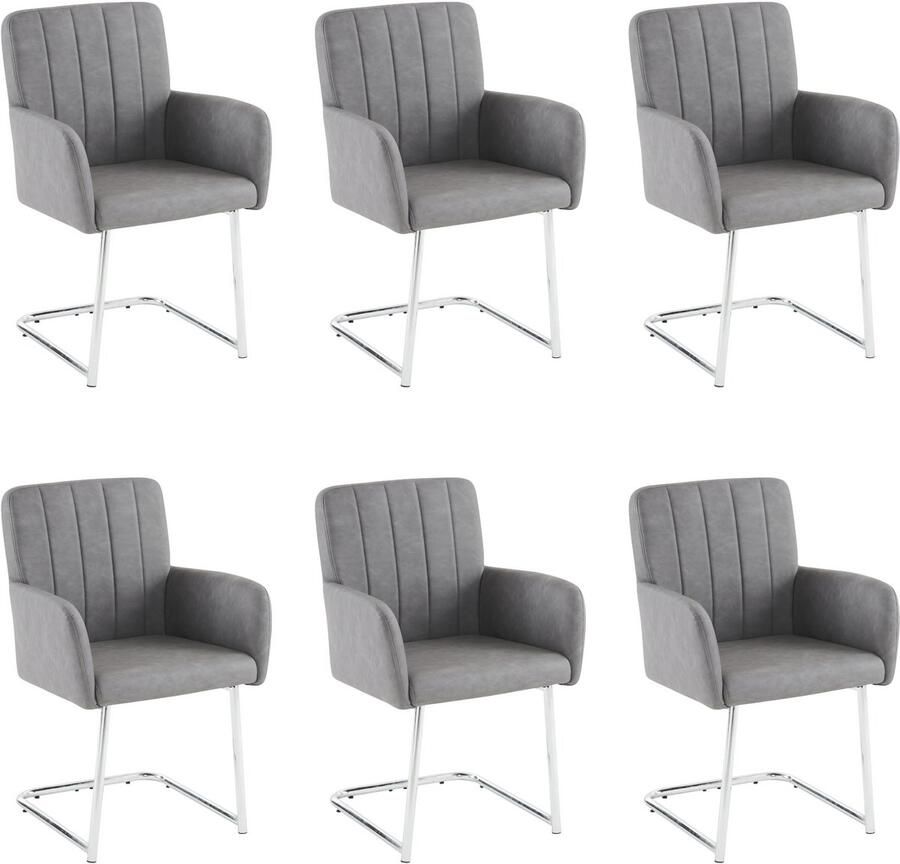 Merax Set van 6 verticaal gestreepte eetkamerstoelen gestoffeerde fauteuil met zigzag metalen poten loungestoel woonkamerstoel kunstleer grijs