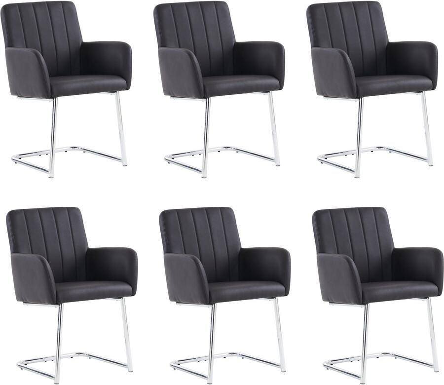 Merax Set van 6 verticaal gestreepte eetkamerstoelen gestoffeerde fauteuil met zigzag metalen poten loungestoel woonkamerstoel kunstleer zwart