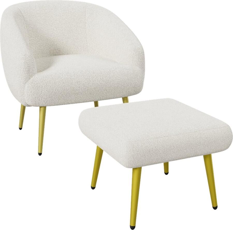 Merax Sherpa Fauteuil met Voetensteun Ergonomisch Design Luxe Comfort Gouden Poten Wit