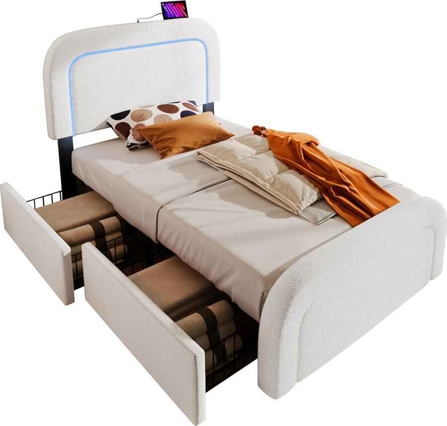 Merax Bettgestell mit USB Typ C Ladefunktion LED-Beleuchtung und 2 Schubladen Einzelbett Polsterbett 90x200cm Höhenverstellbarem Kopfteil Lattenrost aus Holz Sherp-Weiß (Mit Matratze)