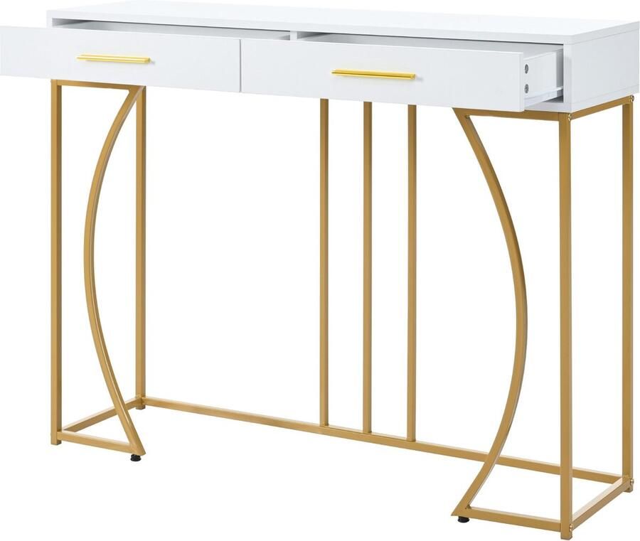 Merax Konsolentisch Flurtisch mit 2 Schublade Leichter Luxus-Stil Beistelltisch Sofatisch 120x38x76 cm Weiß Gold - Foto 2