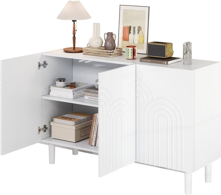 Merax Sideboard 120x38.5x79 cm Witte Kast met 3 Deuren MDF Dressoir met Verstelbare Legplanken en Opbergruimte voor Woonkamer en Slaapkamer - Foto 2