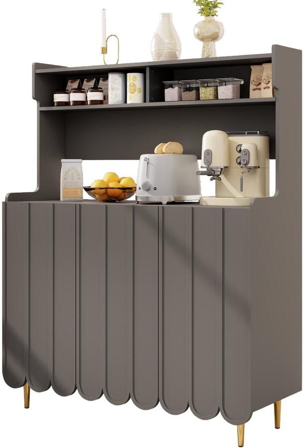 Merax Grijs Sideboard – 120x40x151 cm – Buffetkast met Open Vakken – Moderne Keukenkast met Gouden Poten – Opbergkast voor Woonkamer of Eetkamer – MDF