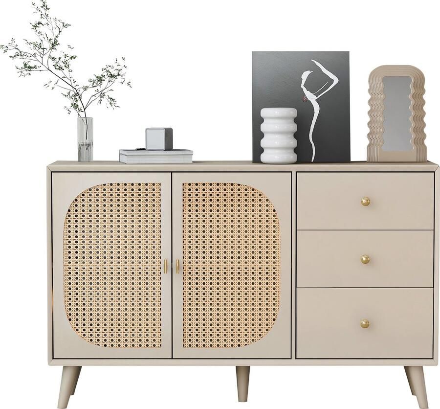 Merax Sideboard 120x40x82 5 cm – Dressoir met 3 Lades en 2 Deuren met Rattanlook – Opbergkast voor Woonkamer of Eetkamer – Crème Wit – Houten Poten
