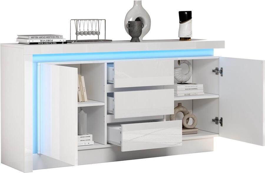 Merax Sideboard 140x35x72 cm – Dressoir met 3 Lades en 2 Deuren – Hoogglans Kast met Verstelbare Planken en LED Verlichting – Woonkamer of Slaapkamer – Wit